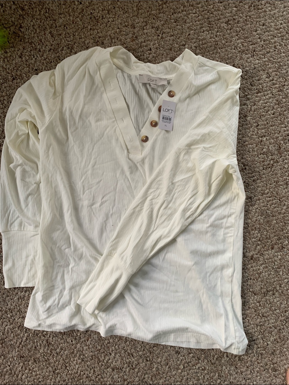 LOFT Long Sleeve Ivory Ribbed Henley Top with Button Placket